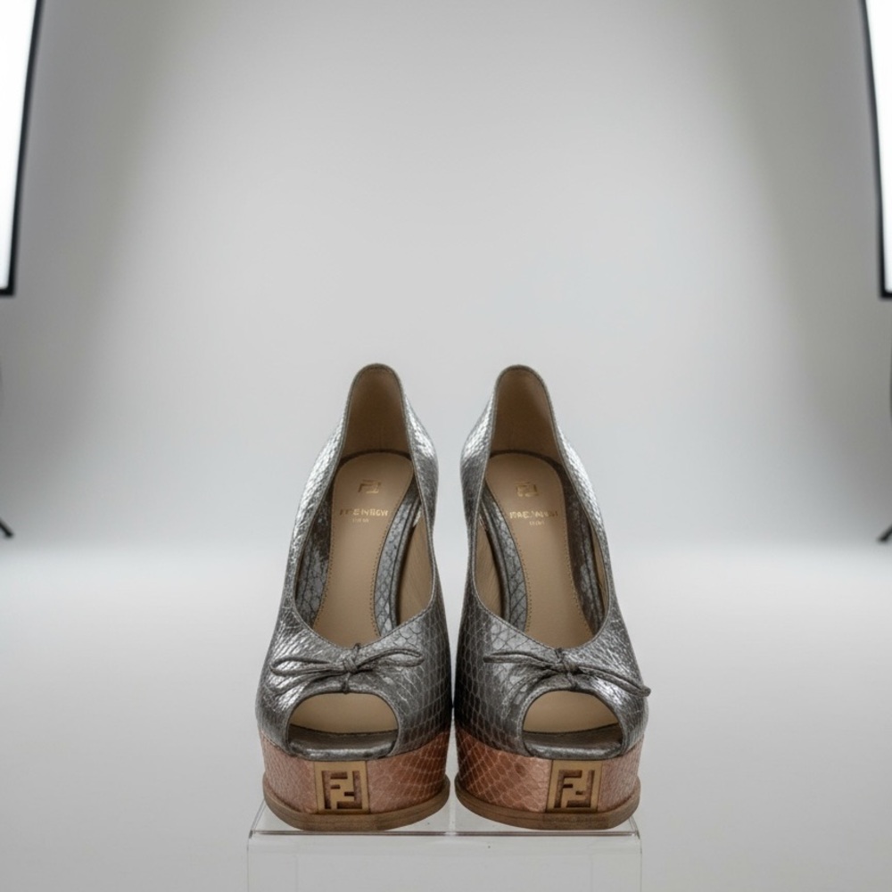 EUC Fendi Vintage Metallic Snakeskin Peep Toe Pumps
